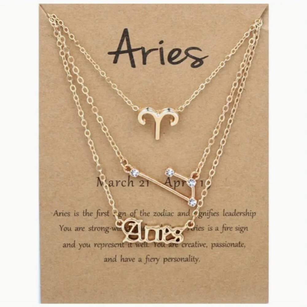 🍏50% OFF/3+...♈ 3-piece zodiac Aries link chain necklace set (Gold tone)